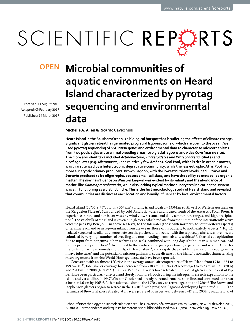 Microbial Communities of Aquatic Environments on Heard Island Characterized by Pyrotag Sequencing and Environmental Data