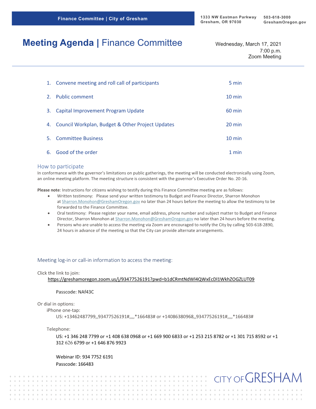 Finance Committee Meeting Agenda March 17, 2021