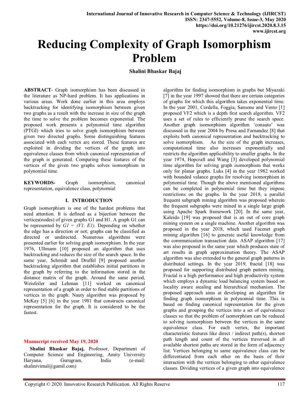 Reducing Complexity of Graph Isomorphism Problem Shalini Bhaskar Bajaj