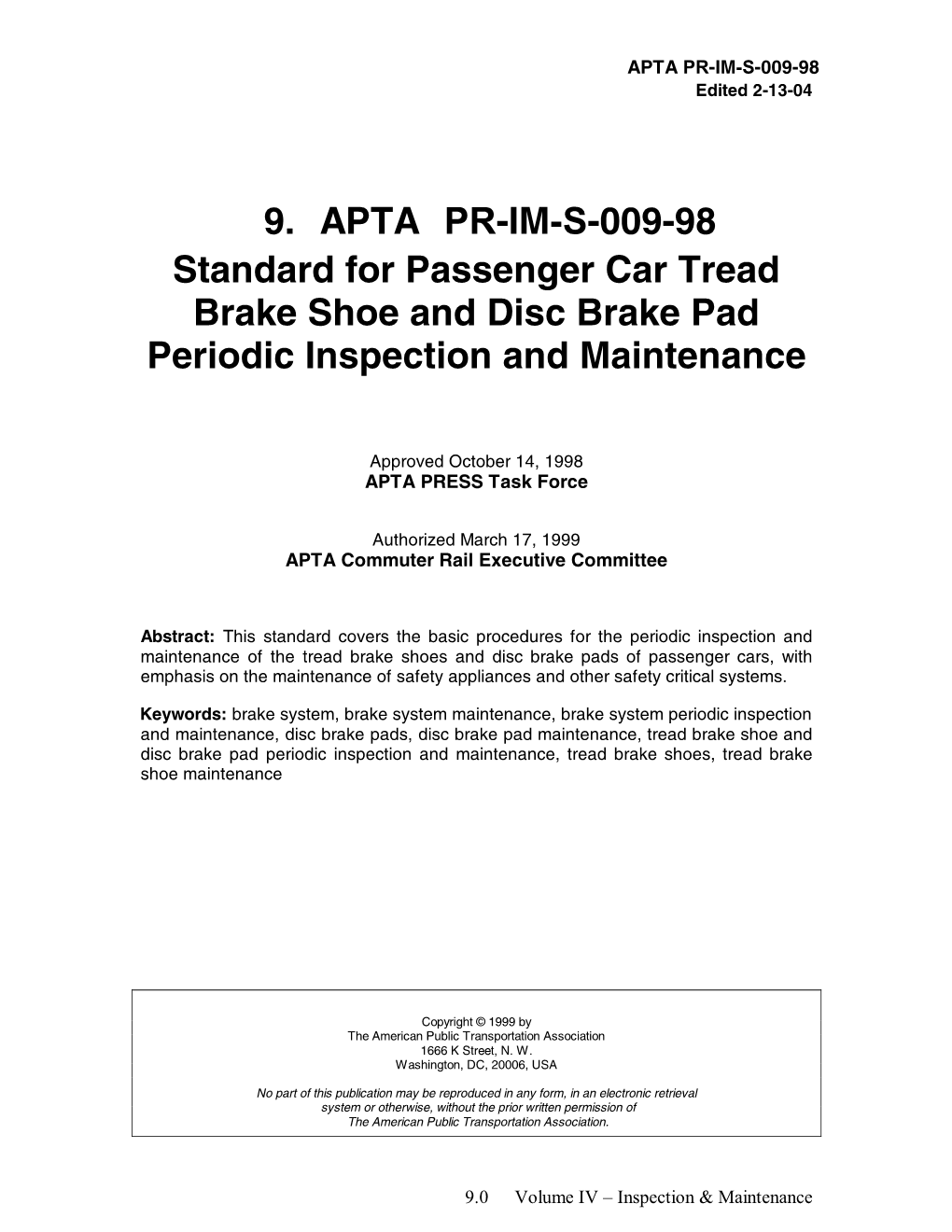 Standard for Passenger Car Tread Brake Shoe and Disc Brake Pad Periodic Inspection and Maintenance