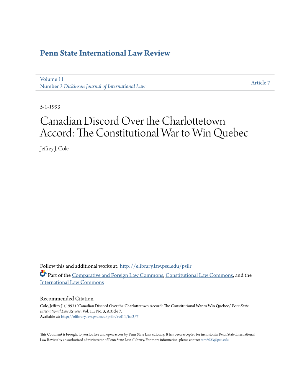 Canadian Discord Over the Charlottetown Accord: the Constitutional War to Win Quebec