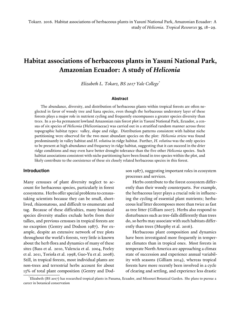 Habitat Associations of Herbaceous Plants in Yasuní National Park, Amazonian Ecuador: a Study of Heliconia