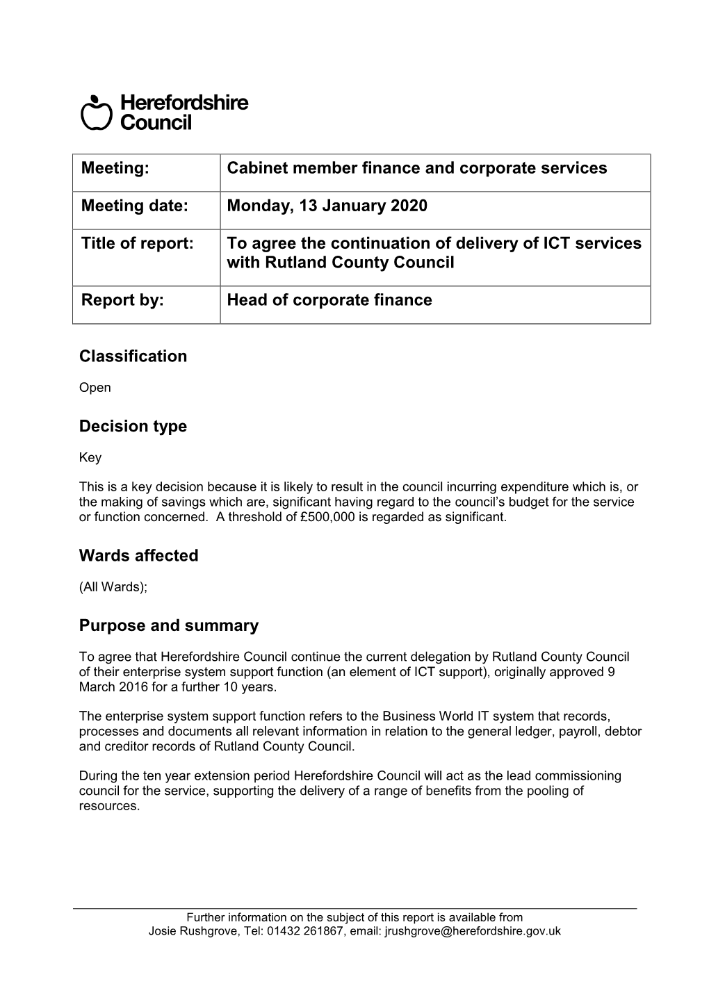 Meeting: Cabinet Member Finance and Corporate Services