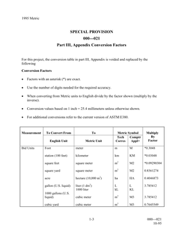 SPECIAL PROVISION 000---021 Part III, Appendix Conversion Factors