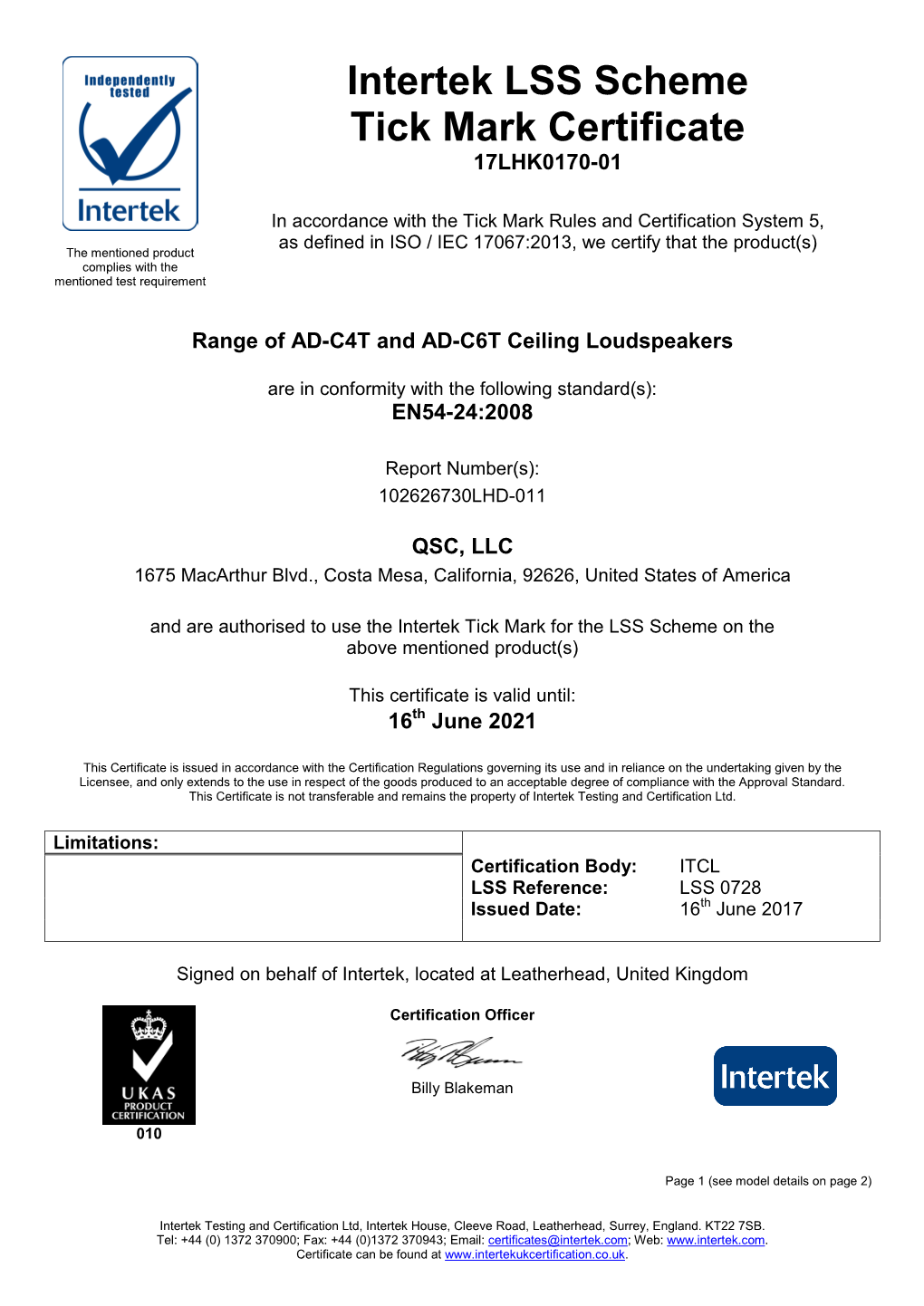 Model AD-C4T and AD-C6T EN54-24 Tick Mark Certificate