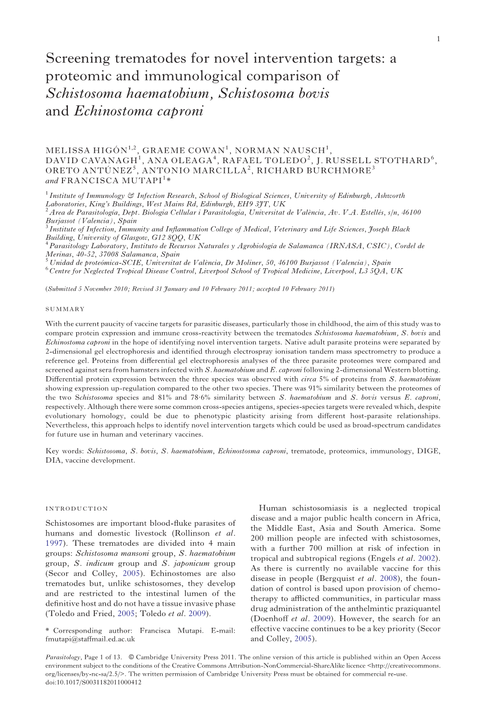 Screening Trematodes for Novel Intervention Targets: a Proteomic and Immunological Comparison of Schistosoma Haematobium, Schistosoma Bovis and Echinostoma Caproni