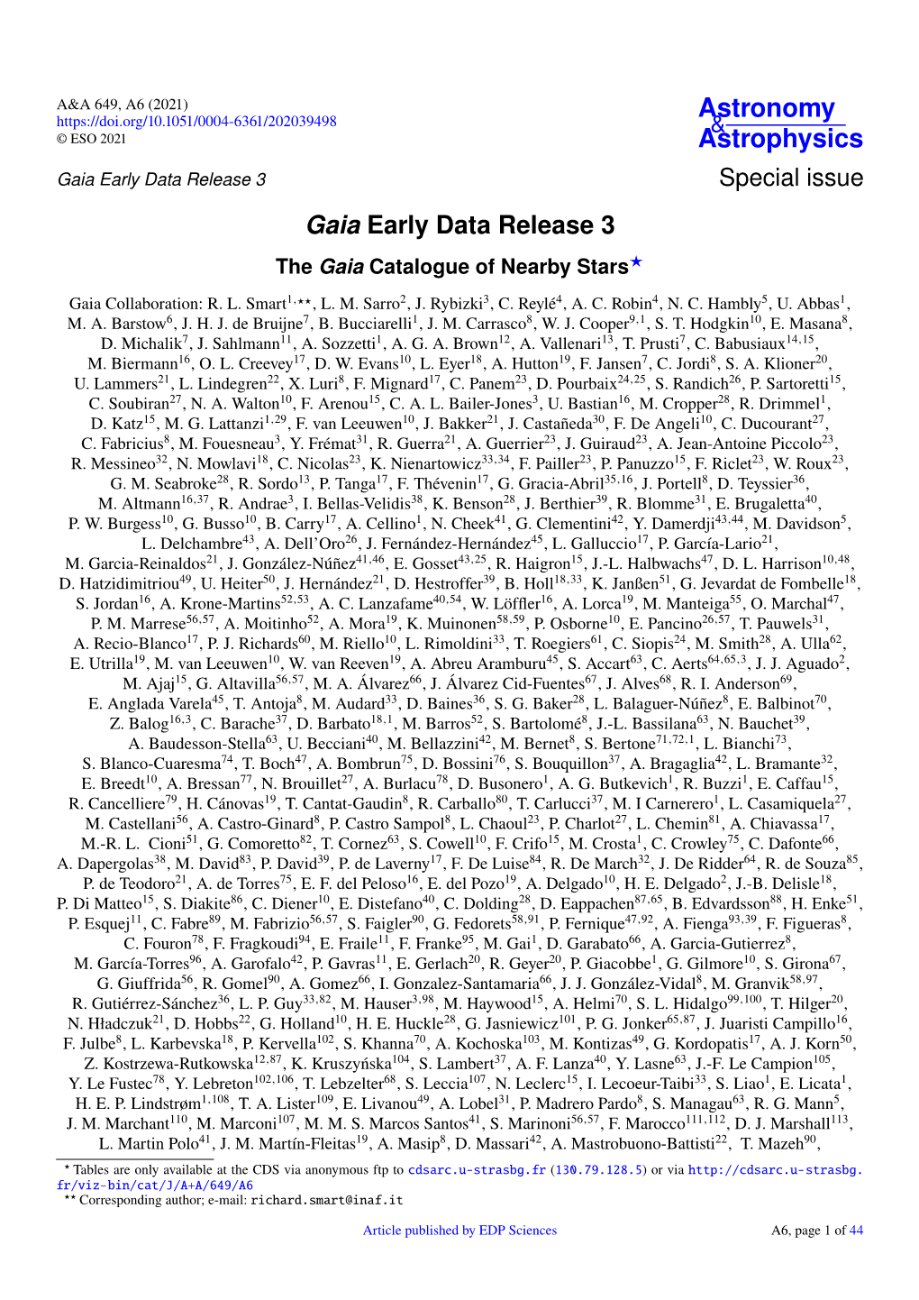 Gaia Early Data Release 3 Special Issue Gaia Early Data Release 3 the Gaia Catalogue of Nearby Stars? Gaia Collaboration: R