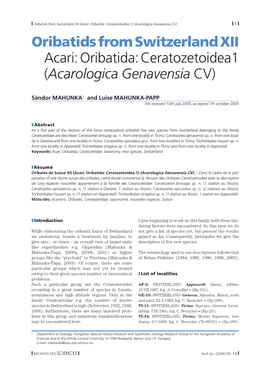 Oribatids from Switzerland XII Acari: Oribatida: Ceratozetoidea1 (Acarologica Genavensia CV)