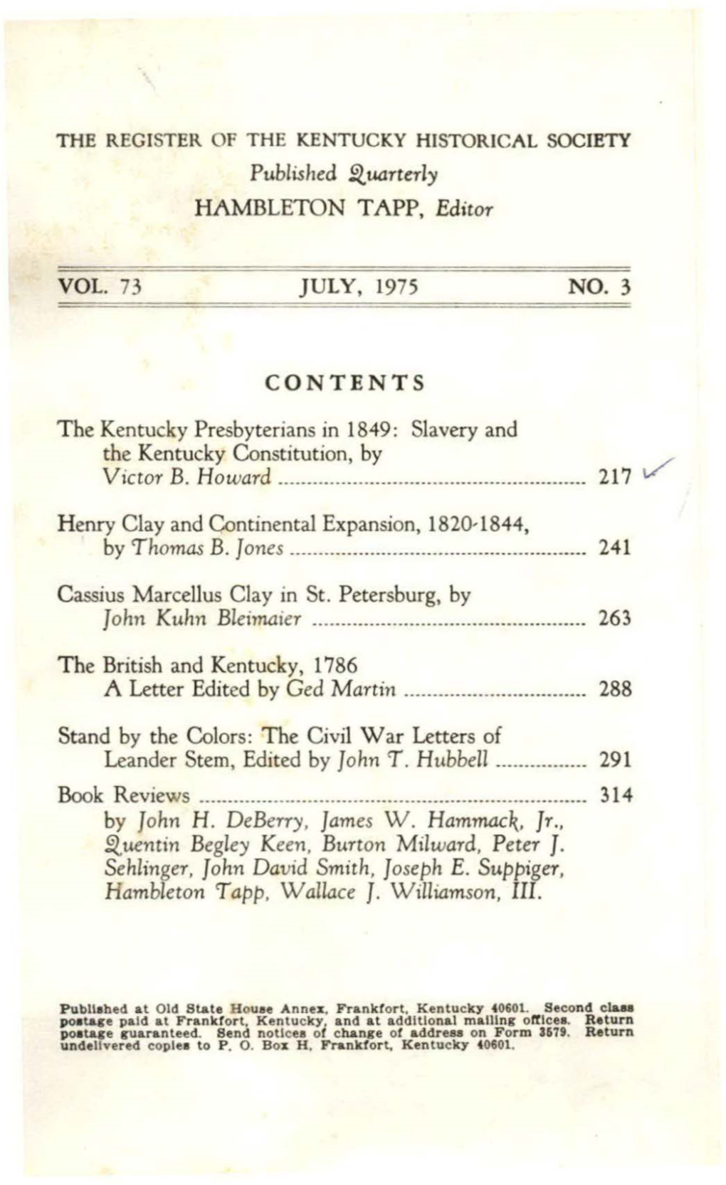 The Kentucky Presbyterians in 1849: Slavery and the Kentucky Constitution