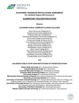 STATEWIDE TRANSFER ARTICULATION AGREEMENT for a Bachelor Degree with Licensure in ELEMENTARY TEACHER EDUCATION