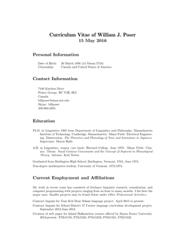 Curriculum Vitae of William J. Poser 15 May 2016