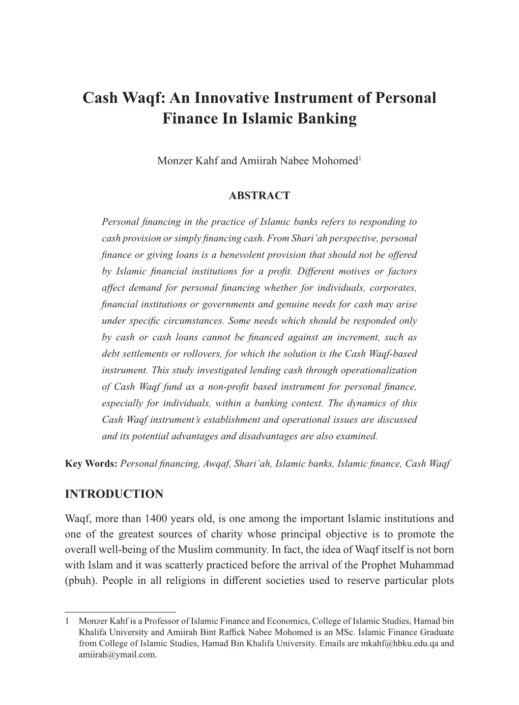 Cash Waqf: an Innovative Instrument of Personal Finance in Islamic Banking