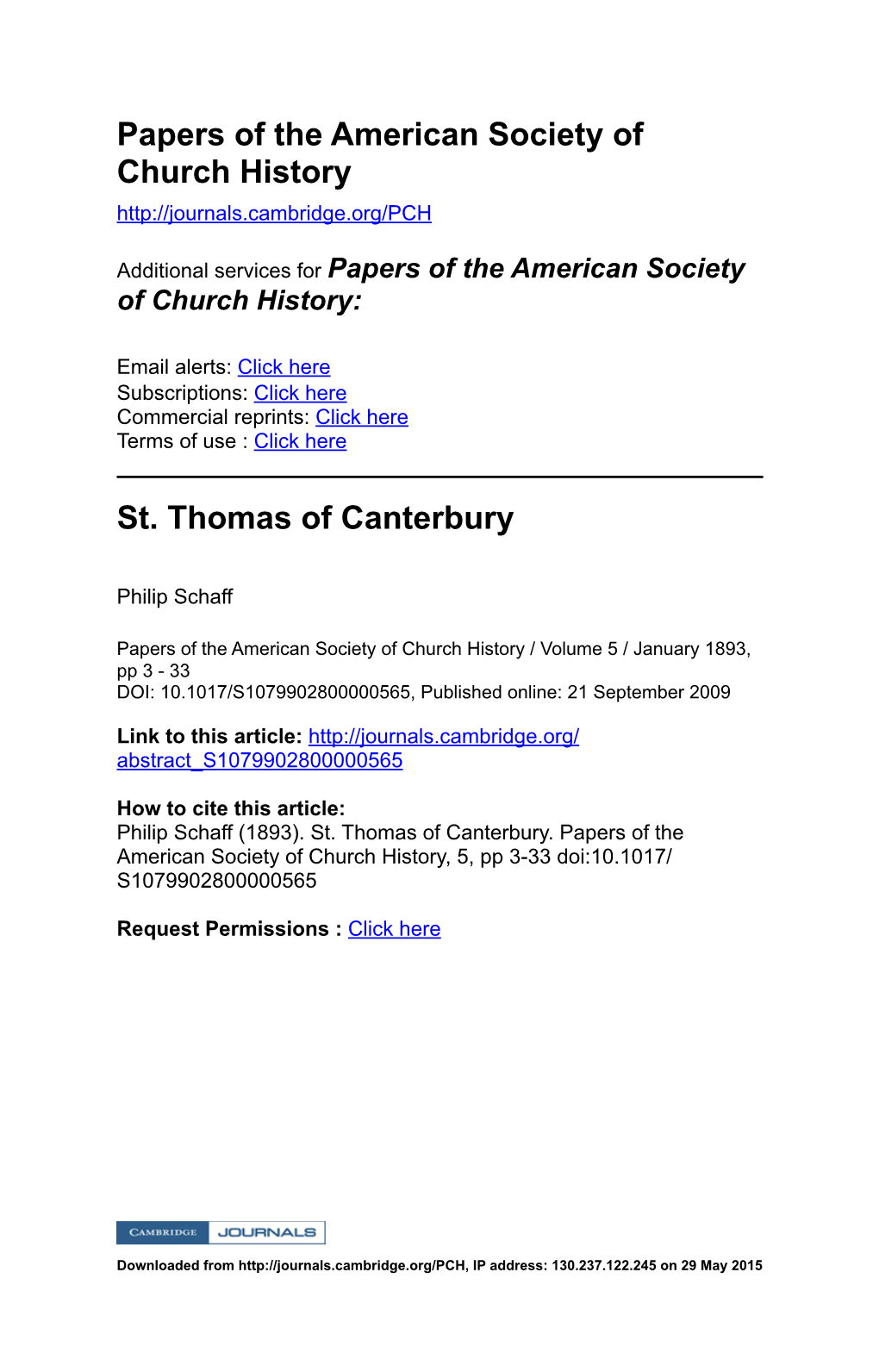 Papers of the American Society of Church History St. Thomas Of