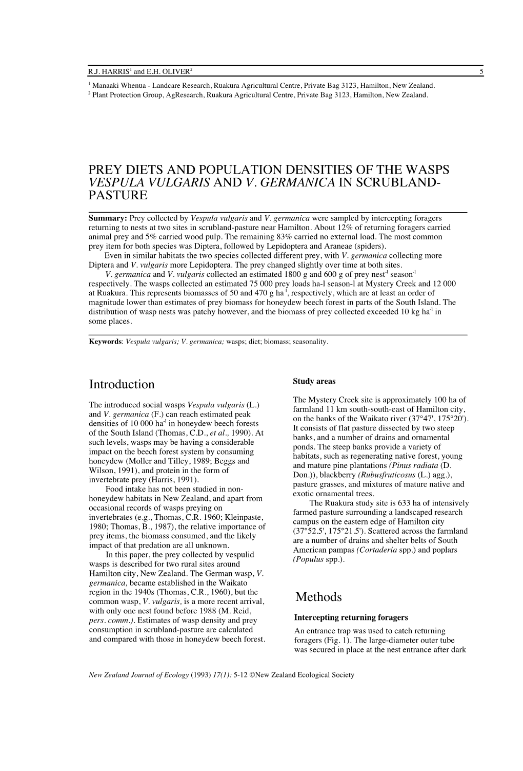 Prey Diets and Population Densities of the Wasps Vespula Vulgaris and V. Germanica in Scrubland-Pasture