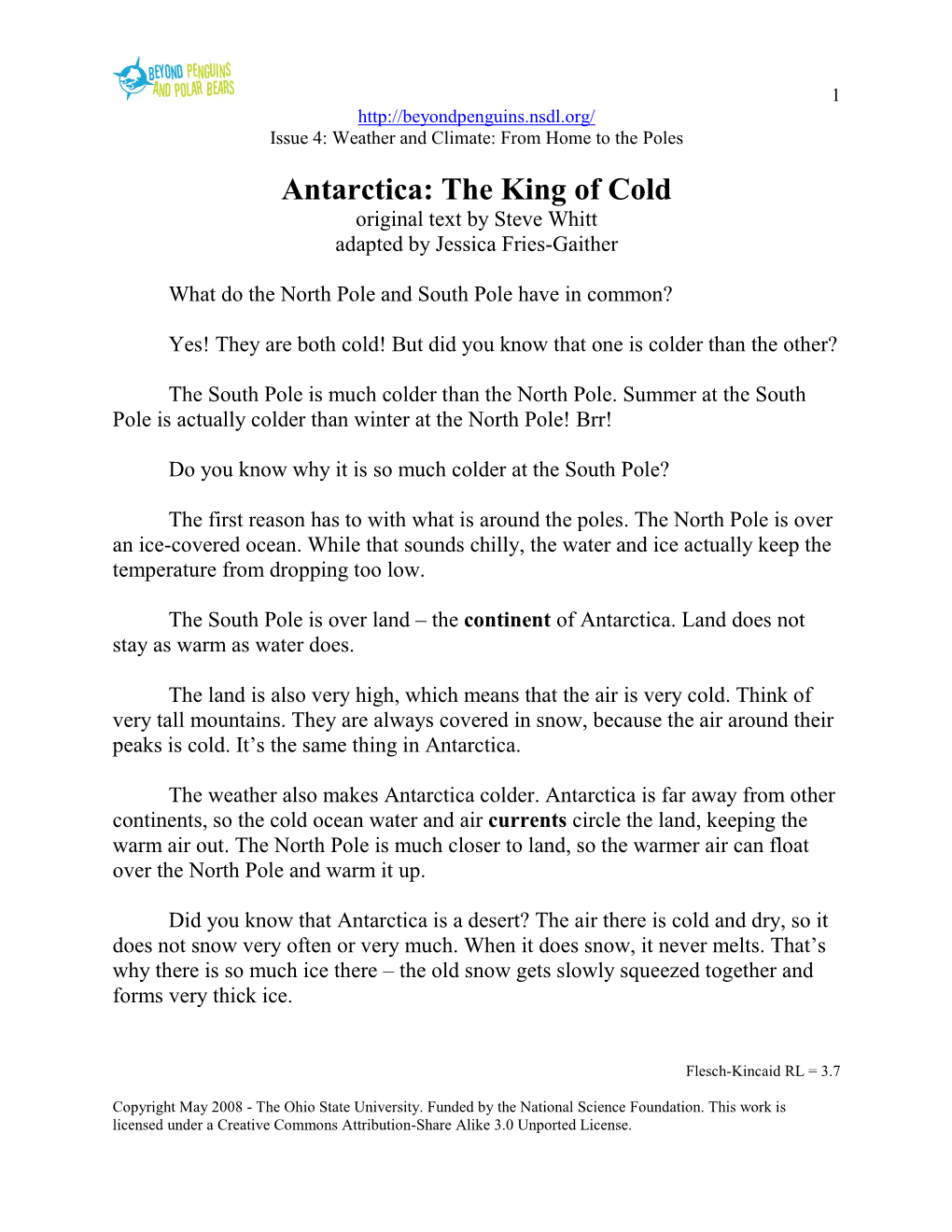 Antarctica: the King of Cold Original Text by Steve Whitt Adapted by Jessica Fries-Gaither