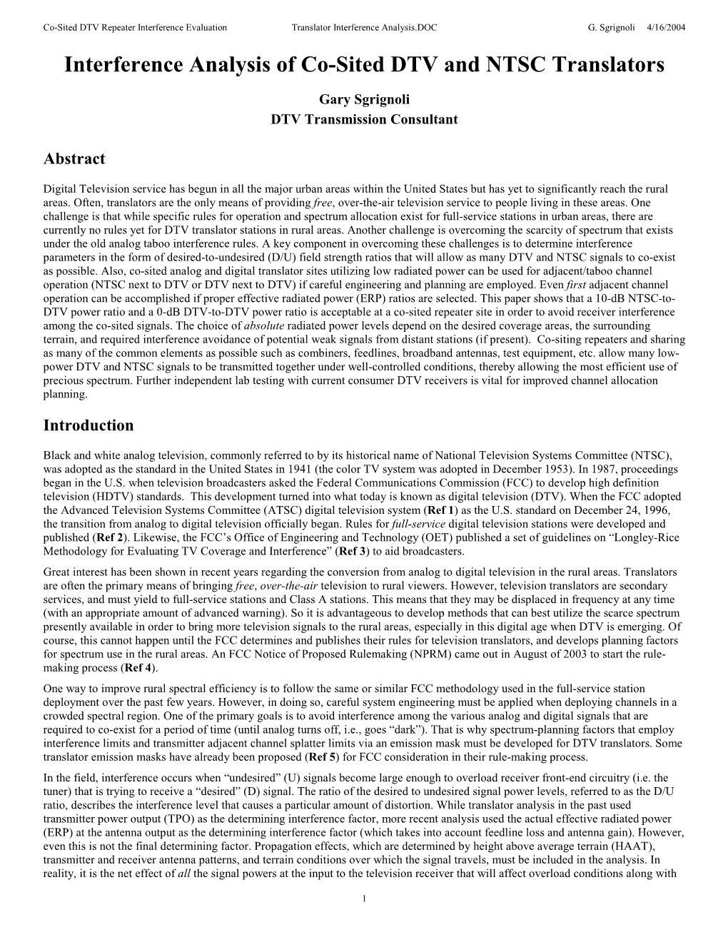 Inteference Evaluation of Co-Sited DTV and NTSC Transmitter