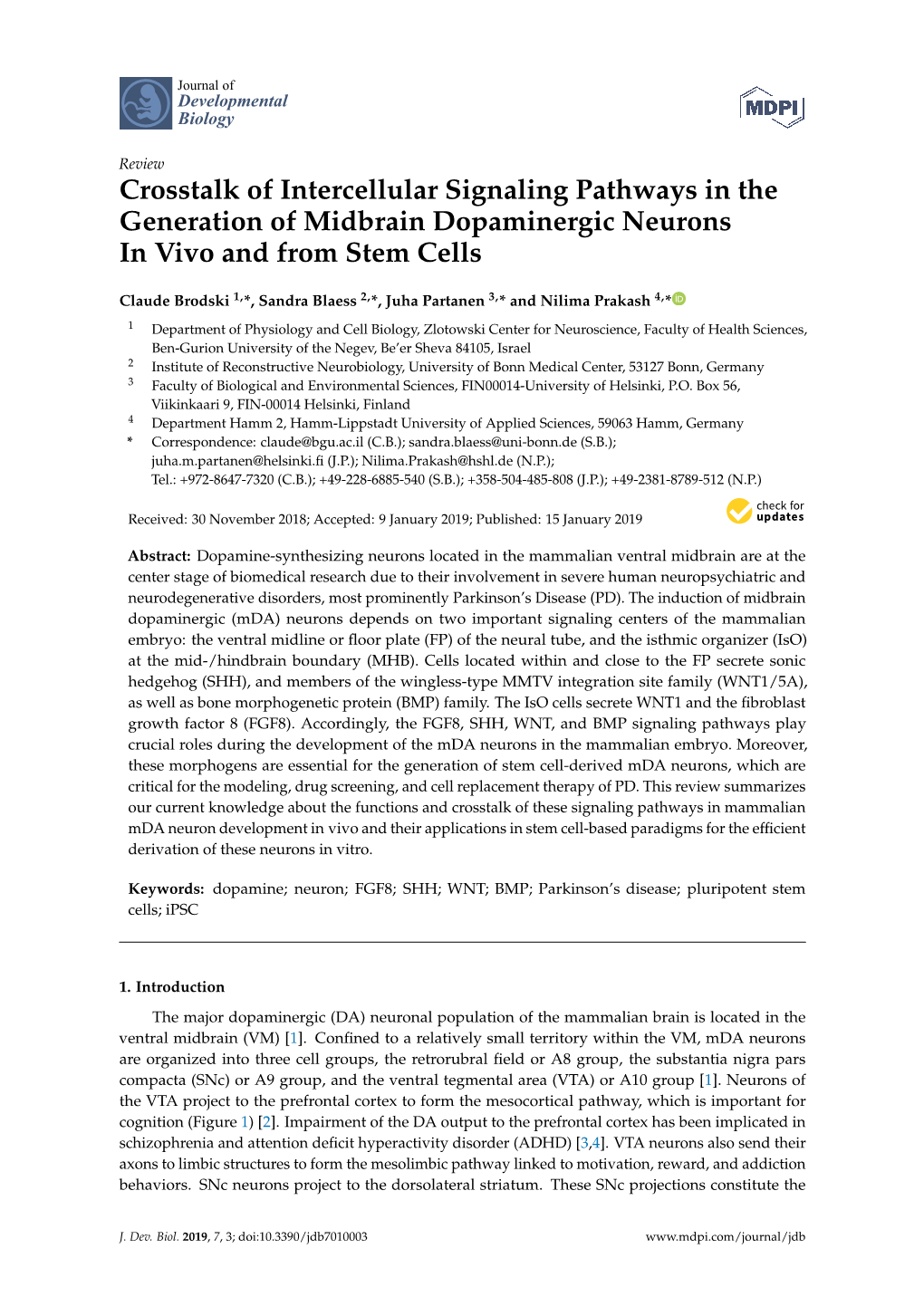 Crosstalk of Intercellular Signaling Pathways in the Generation of Midbrain Dopaminergic Neurons in Vivo and from Stem Cells