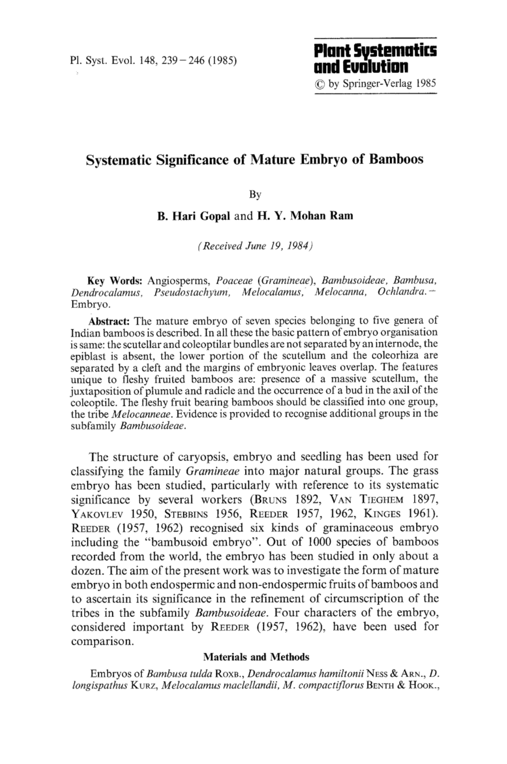 Systematic Significance of Mature Embryo of Bamboos