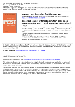 Biological Control of Forest Plantation Pests in an Interconnected World Requires Greater International Focus Jeffrey R