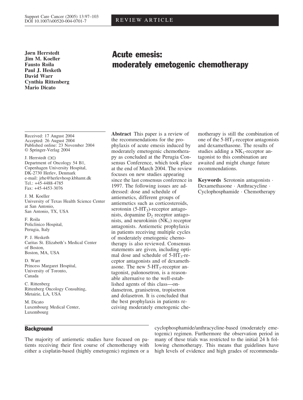 Acute Emesis: Moderately Emetogenic Chemotherapy