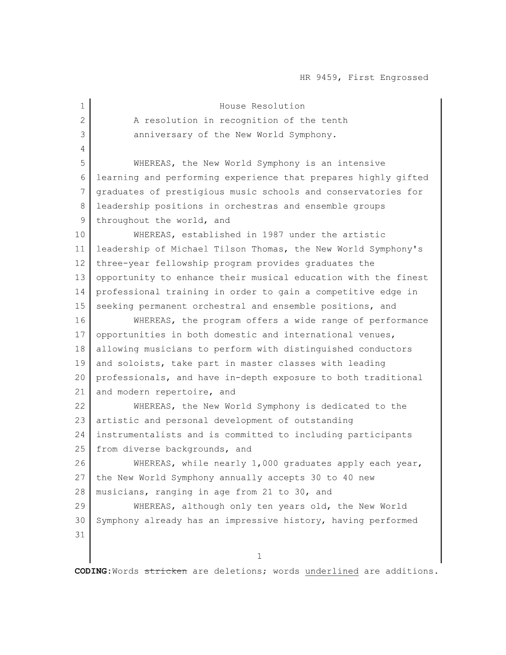 HR 9459, First Engrossed 1 House Resolution 2 a Resolution In