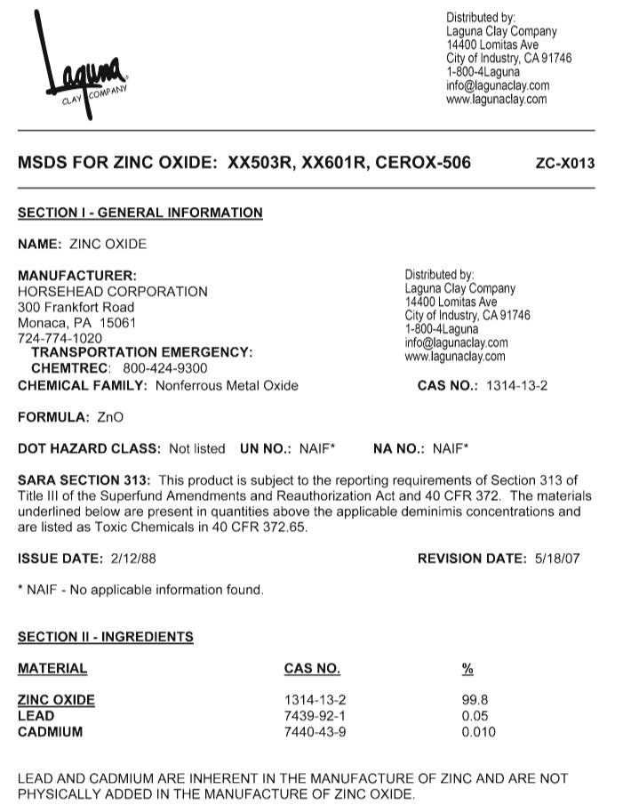 Msds for Zinc Oxide: Xx503r, Xx601 R, Cerox-506 Zc-X013