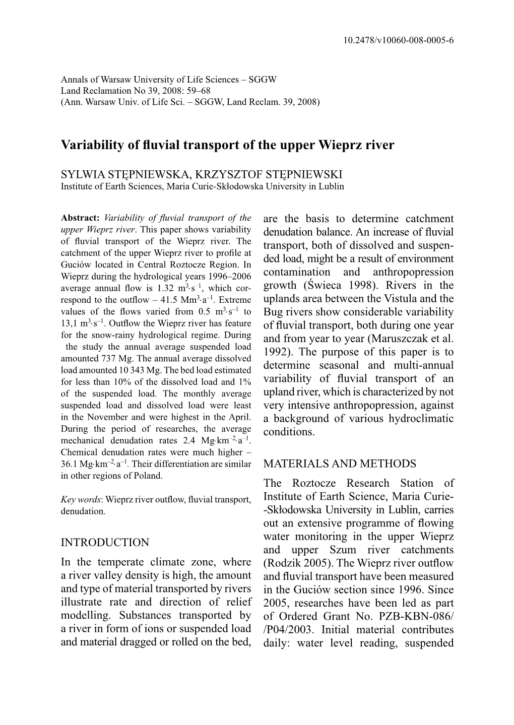 Variability of Fluvial Transport of the Upper Wieprz River