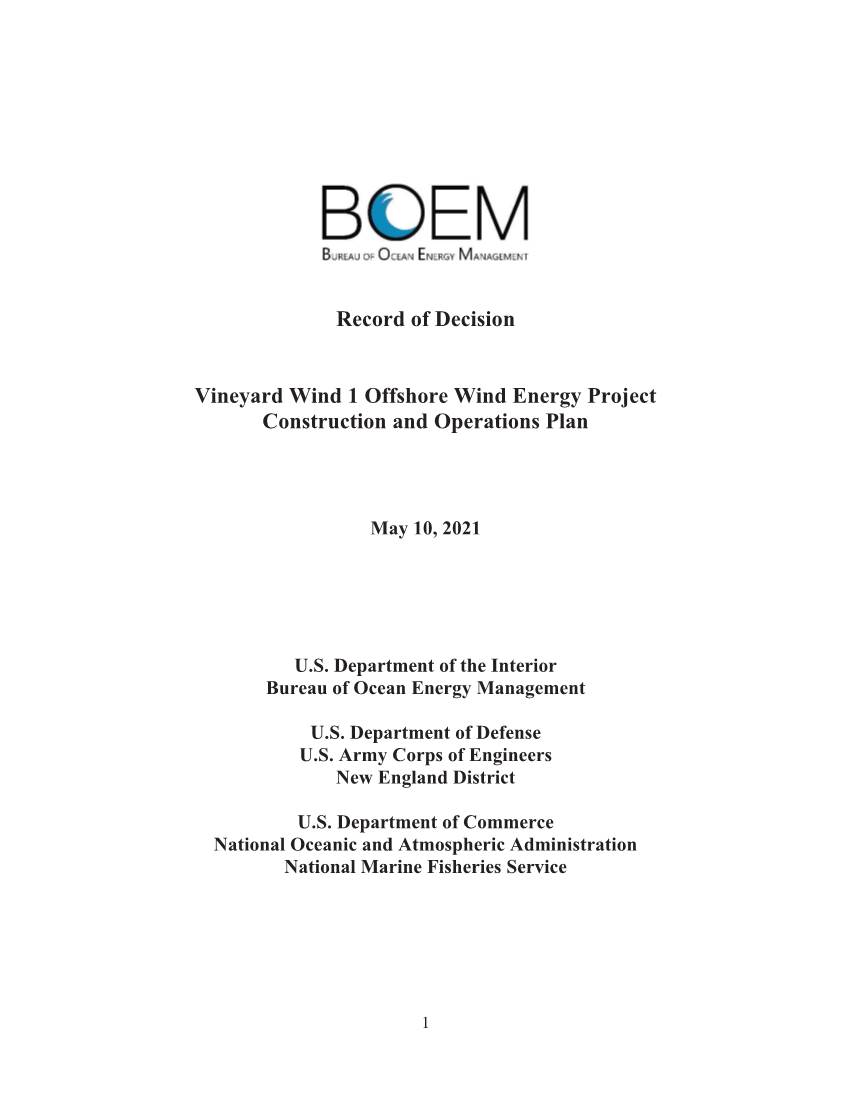 Record of Decision for Vineyard Wind 1 Signed