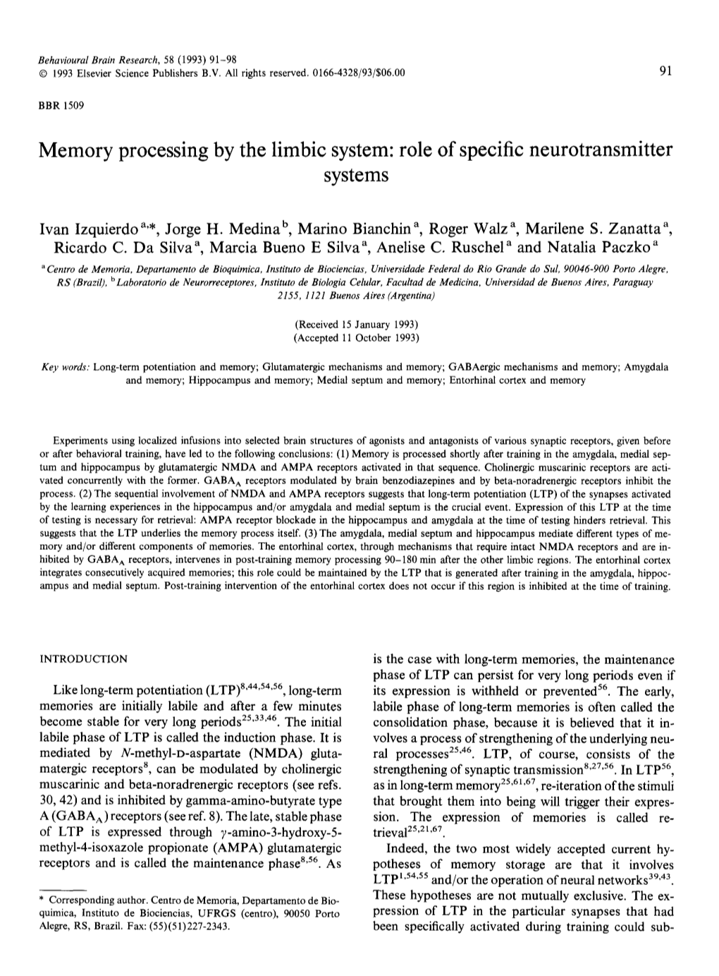Memory Processing by the Limbic System: Role of Specific Neurotransmitter Systems