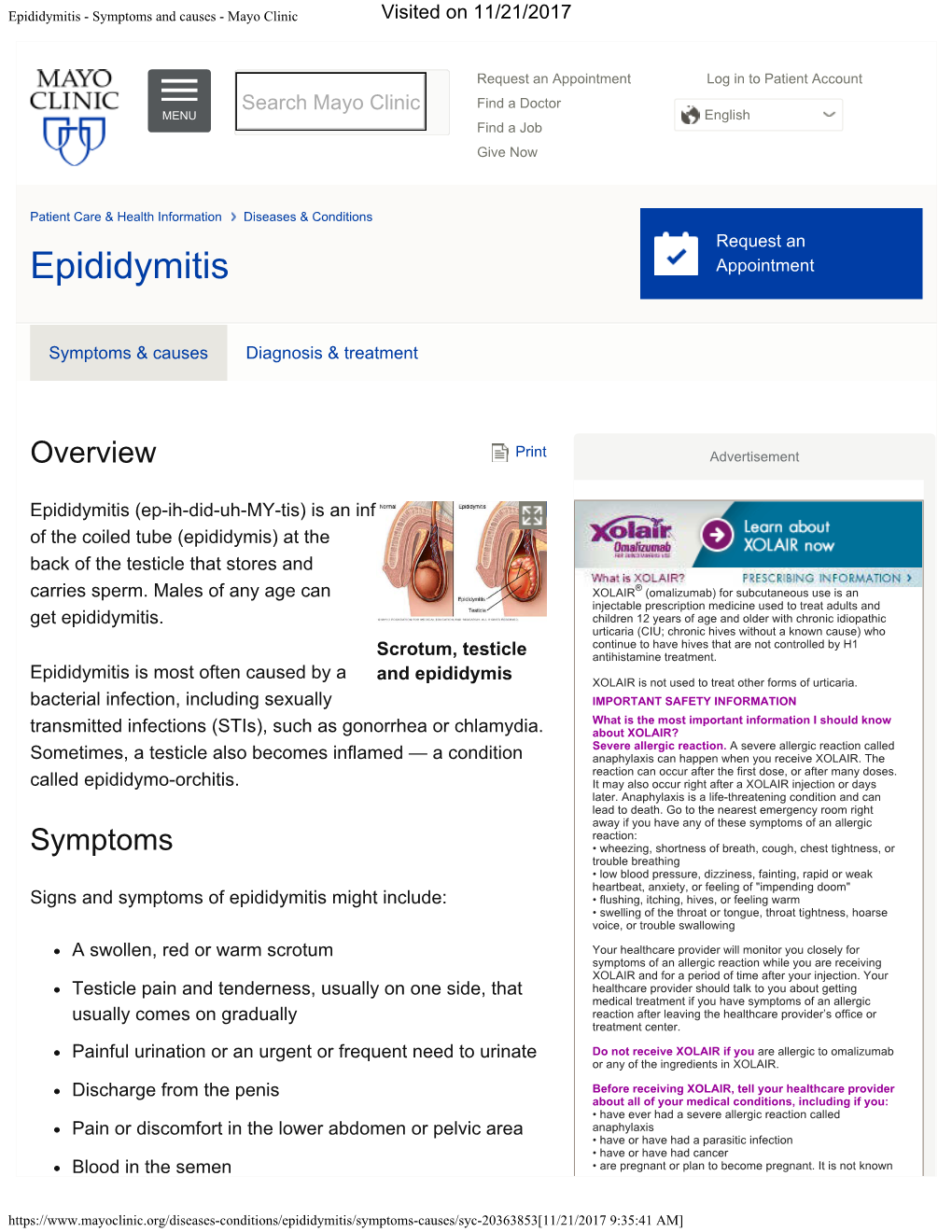 Epididymitis - Symptoms and Causes - Mayo Clinic Visited on 11/21/2017