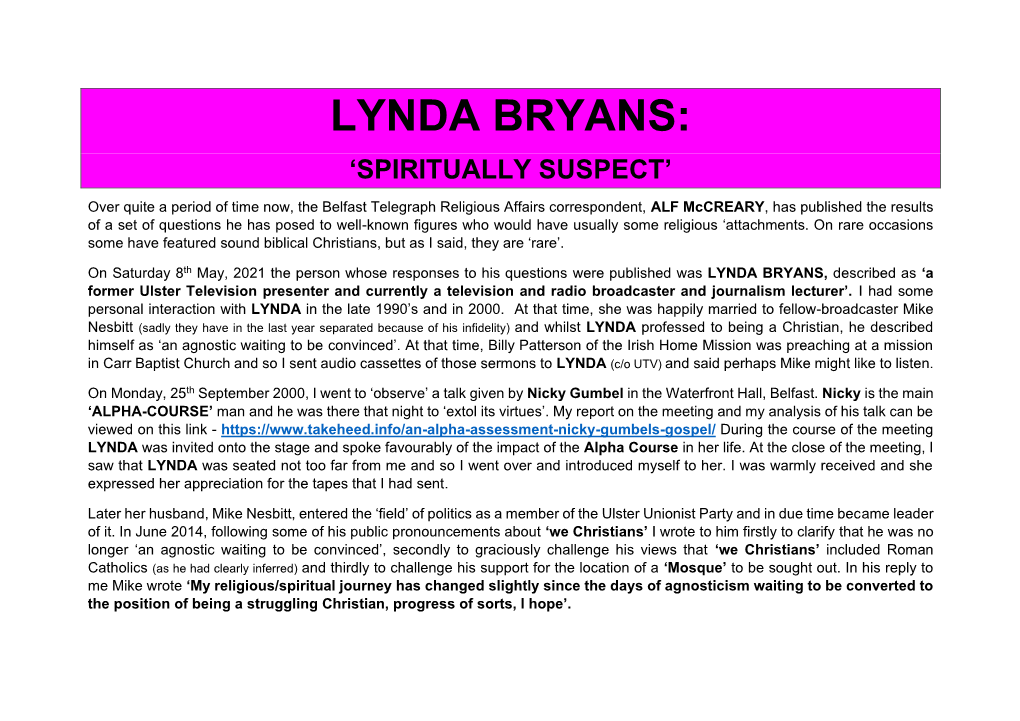 Lynda Bryans: ‘Spiritually Suspect’