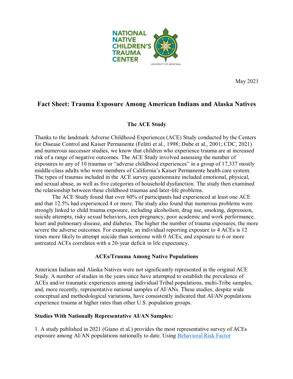 Fact Sheet: Trauma Exposure Among American Indians and Alaska Natives