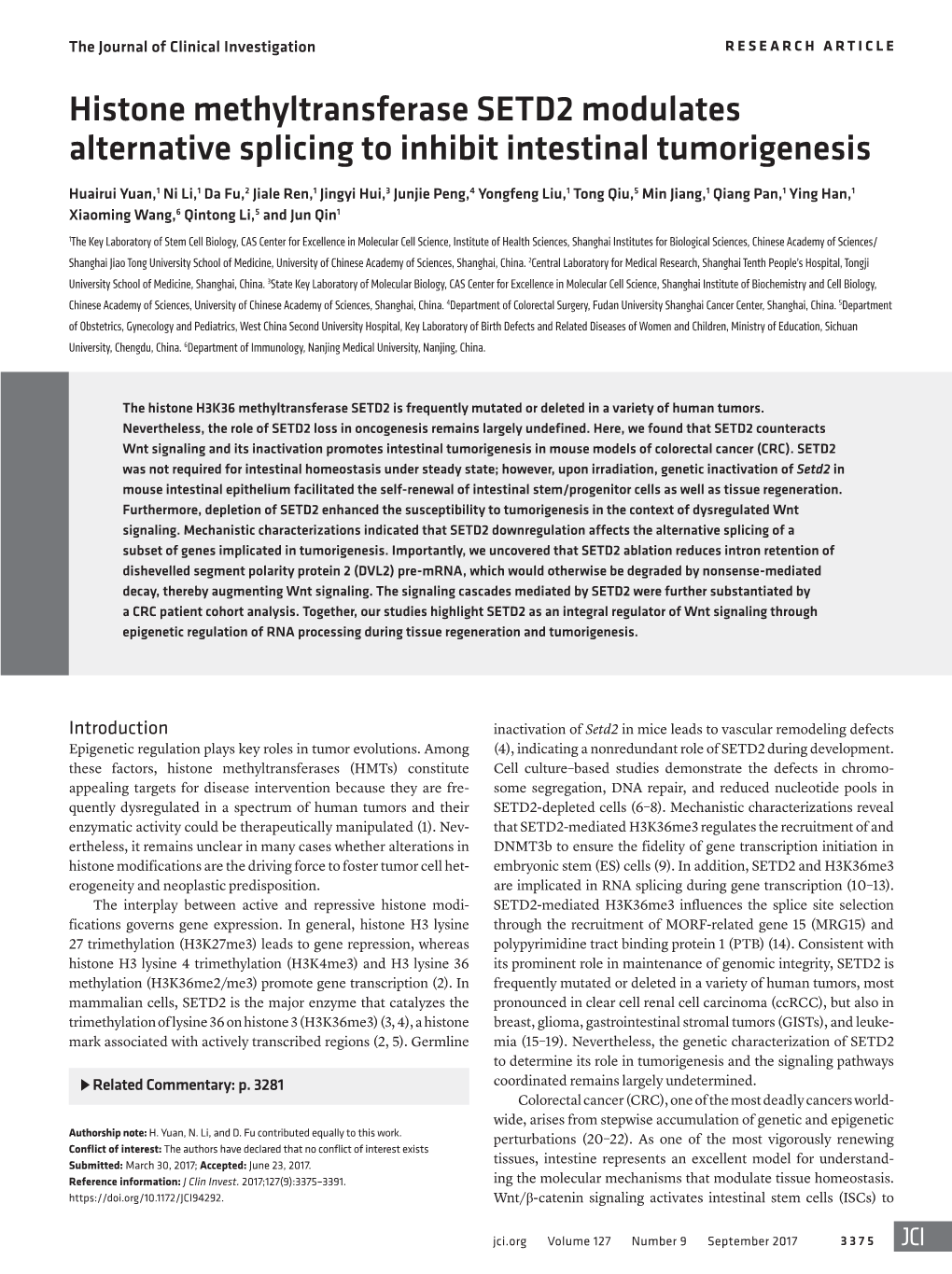 Histone Methyltransferase SETD2 Modulates Alternative Splicing to Inhibit Intestinal Tumorigenesis