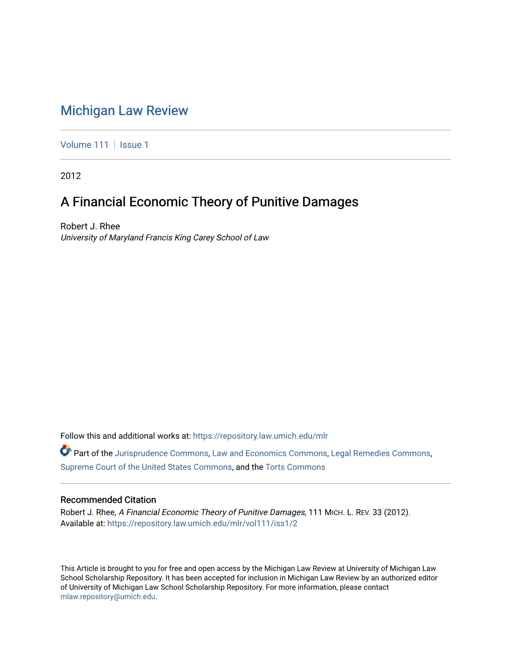A Financial Economic Theory of Punitive Damages