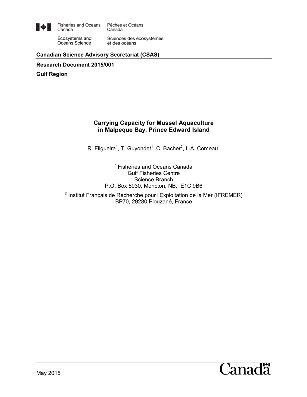 Carrying Capacity for Mussel Aquaculture in Malpeque Bay, Prince Edward Island