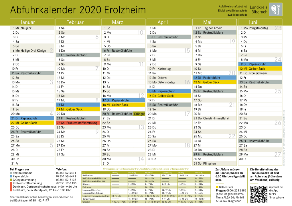 Abfuhrkalender 2020 Erolzheim