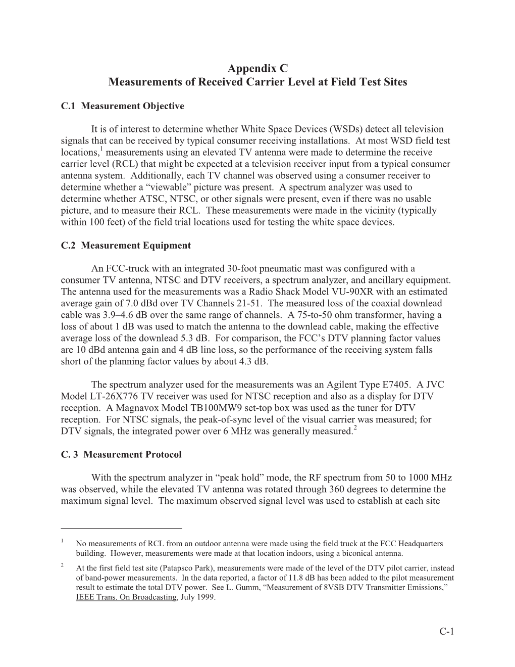 Appendix C Measurements of Received Carrier Level at Field Test Sites