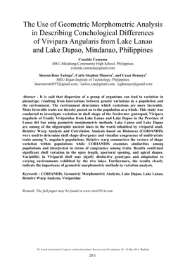 The Use of Geometric Morphometric Analysis in Describing Conchological Differences of Vivipara Angularis from Lake Lanao and Lake Dapao, Mindanao, Philippines