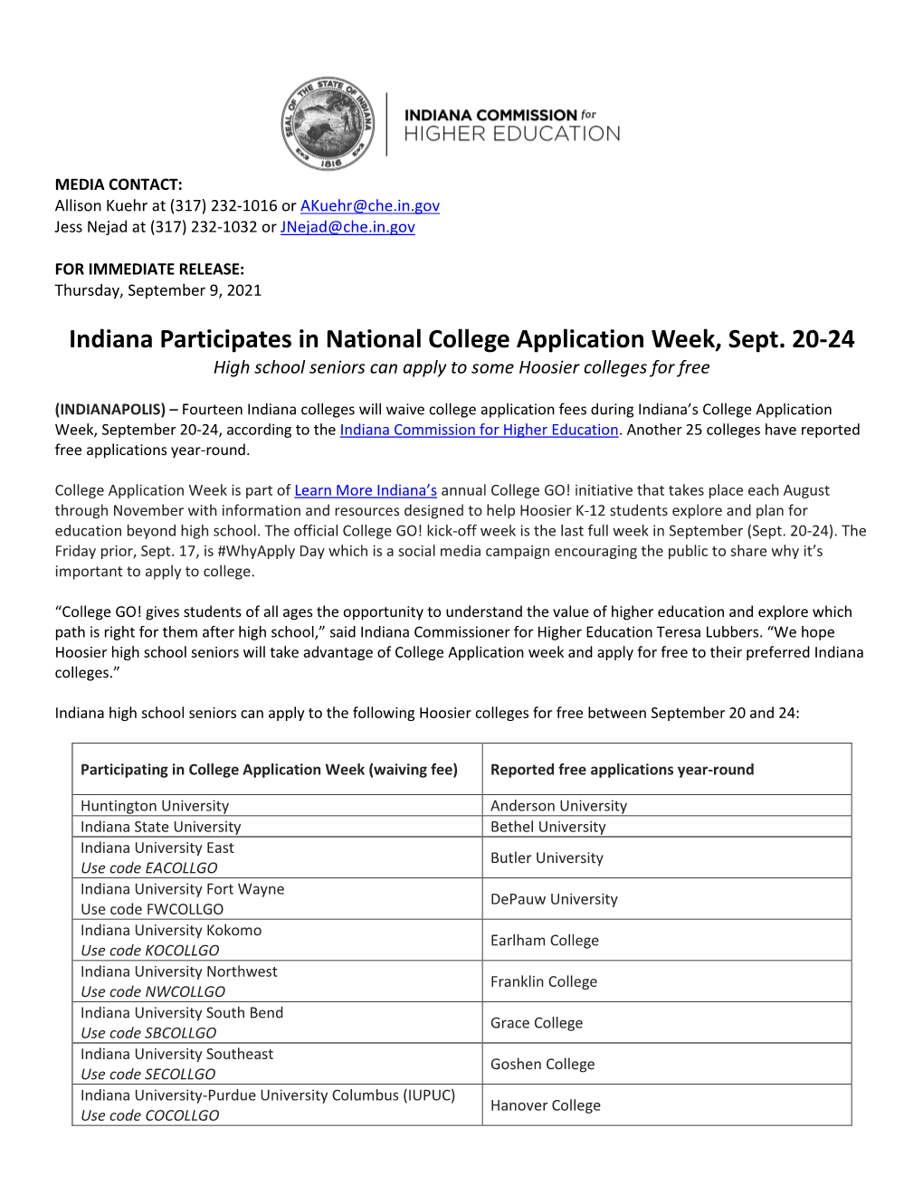 Indiana Participates in National College Application Week, Sept. 20-24 High School Seniors Can Apply to Some Hoosier Colleges for Free