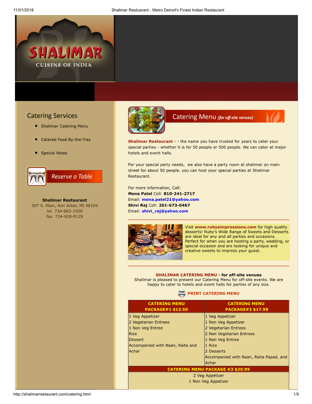 Shalimar Catering Menu