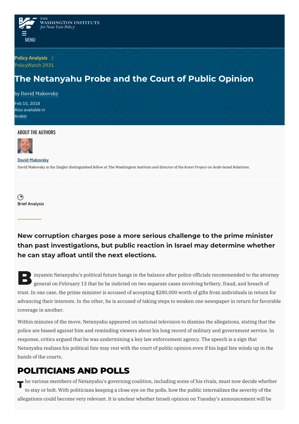 The Netanyahu Probe and the Court of Public Opinion by David Makovsky