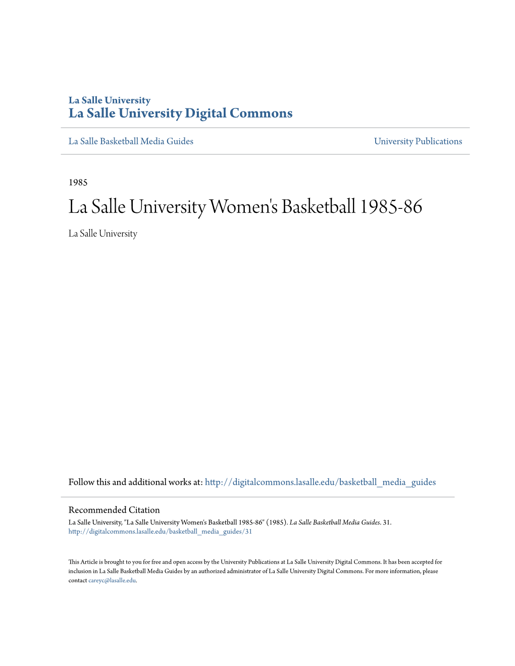 La Salle University Women's Basketball 1985-86 La Salle University
