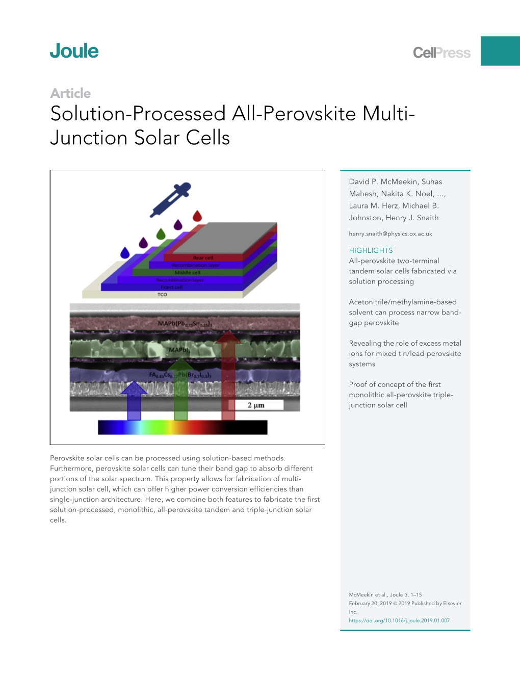 Solution-Processed All-Perovskite Multi-Junction Solar Cells, Joule (2019), 10.1016/J.Joule.2019.01.007