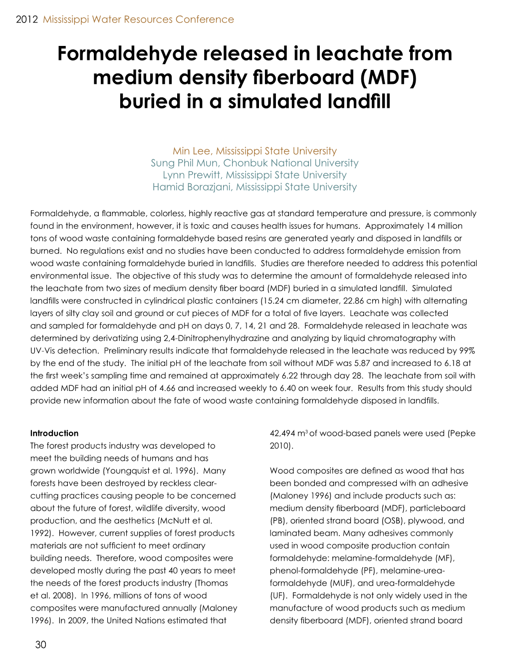 Formaldehyde Released in Leachate from Medium Density Fiberboard (MDF) Buried in a Simulated Landfill
