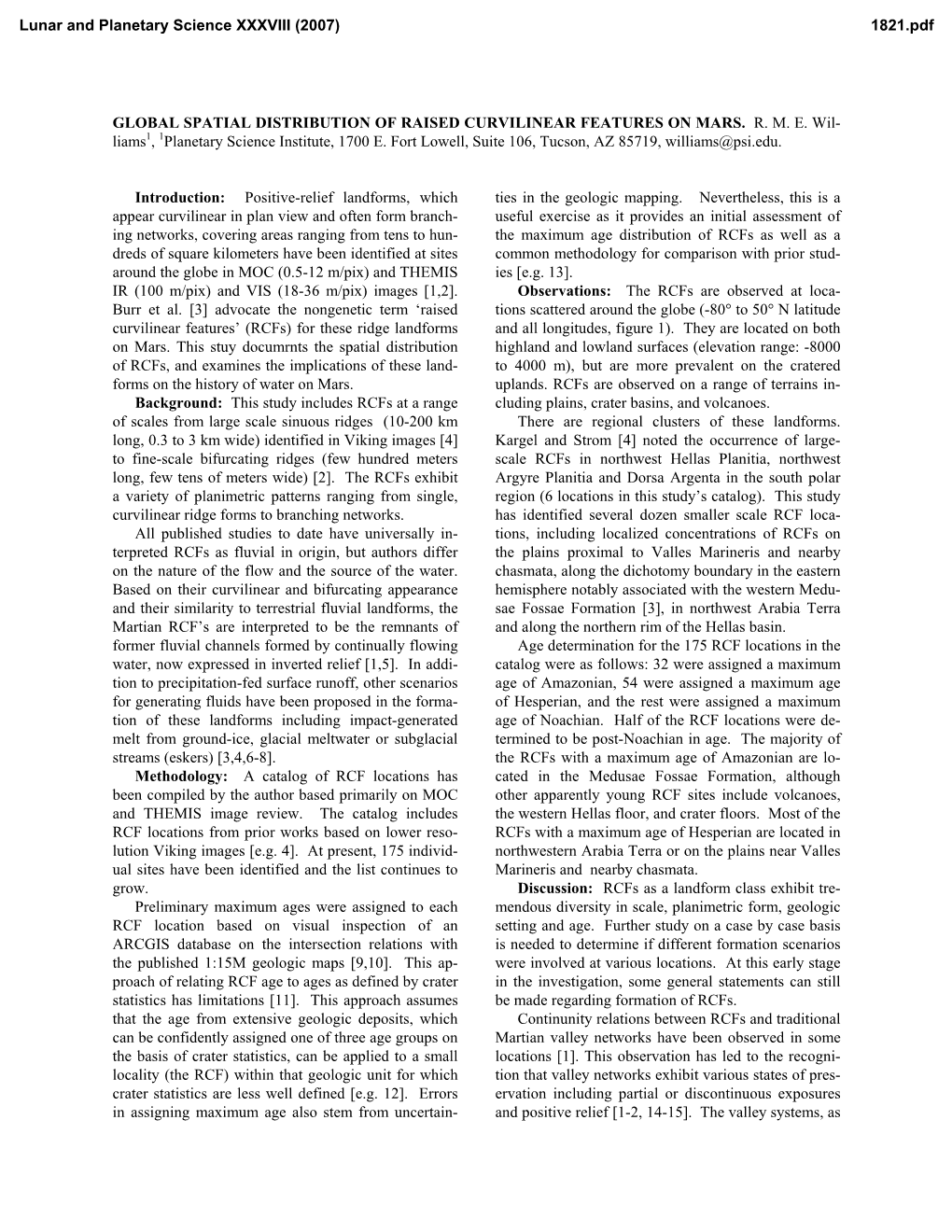 Global Spatial Distribution of Raised Curvilinear Features on Mars. Rme