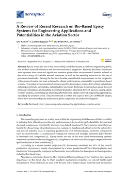 A Review of Recent Research on Bio-Based Epoxy Systems for Engineering Applications and Potentialities in the Aviation Sector