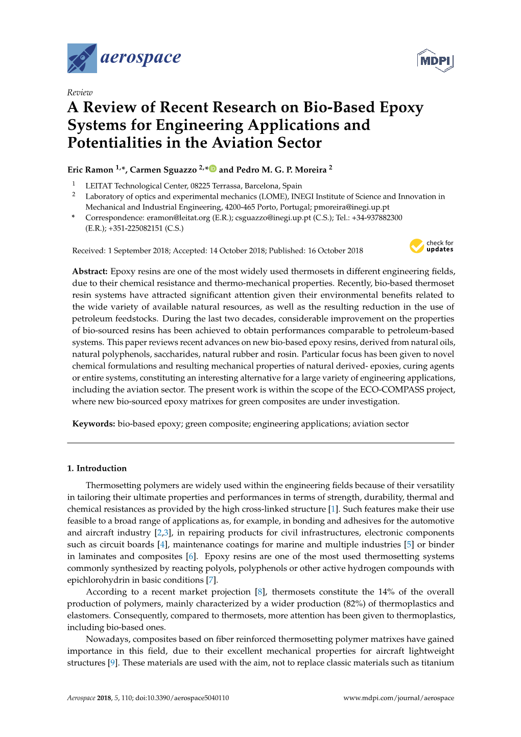 A Review of Recent Research on Bio-Based Epoxy Systems for Engineering Applications and Potentialities in the Aviation Sector