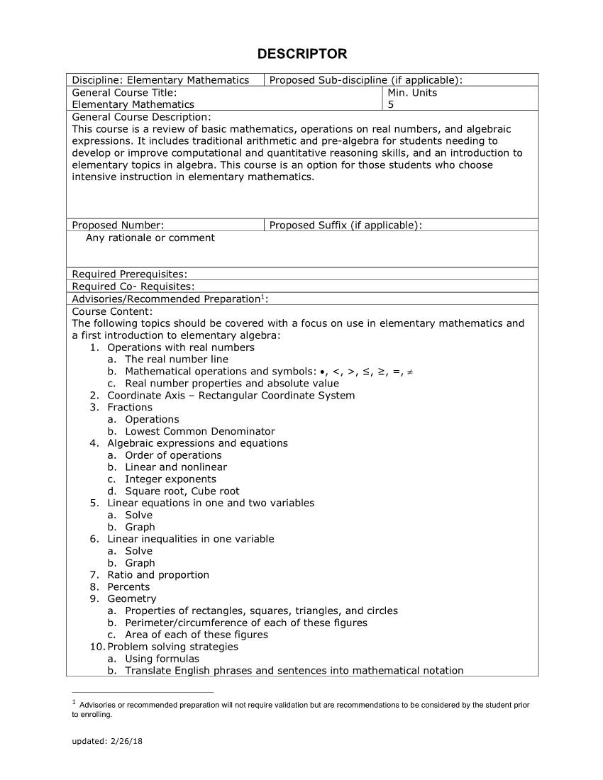 Elementary Mathematics Proposed Sub-Discipline (If Applicable): General Course Title: Min