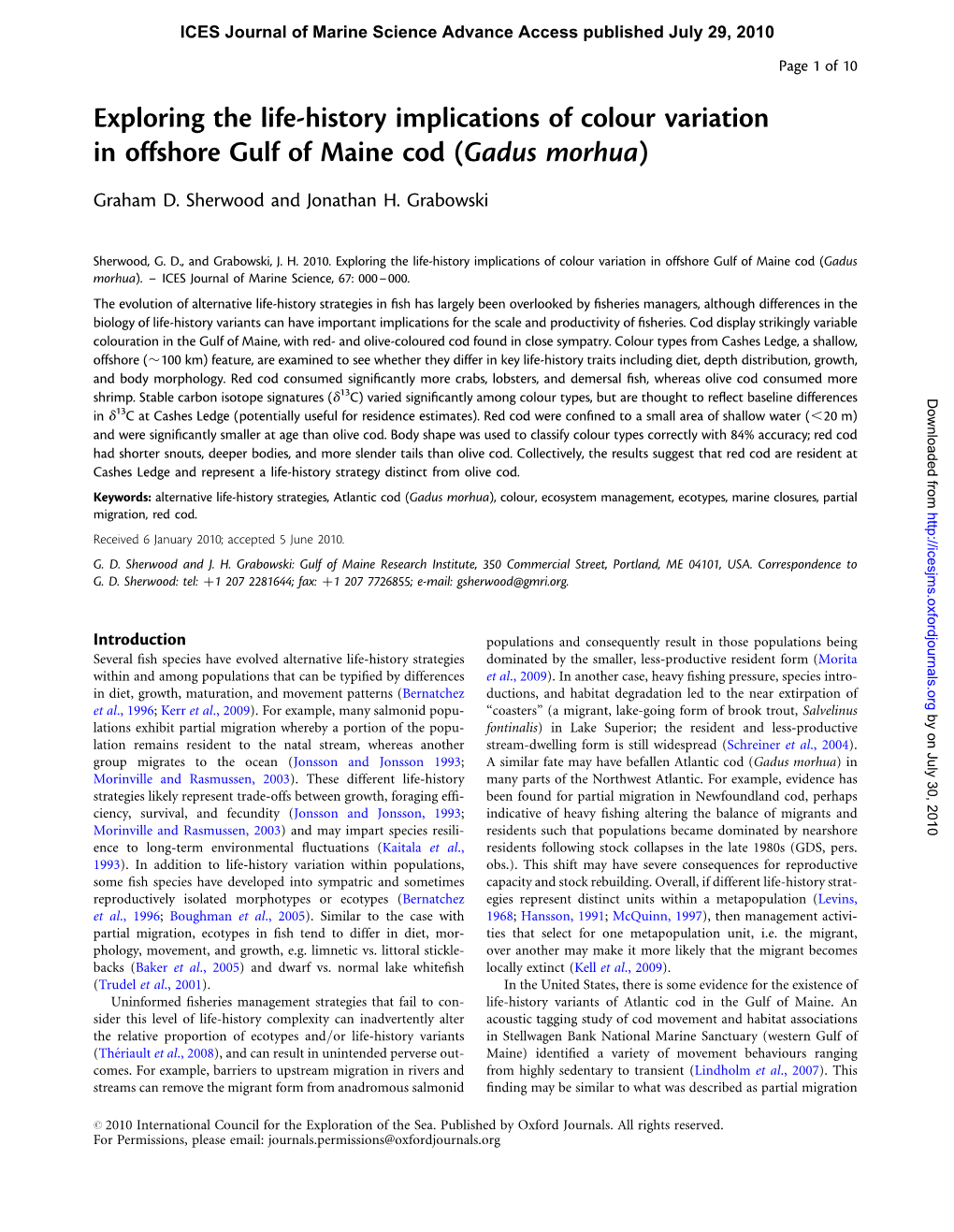 Exploring the Life-History Implications of Colour Variation in Offshore Gulf of Maine Cod (Gadus Morhua)