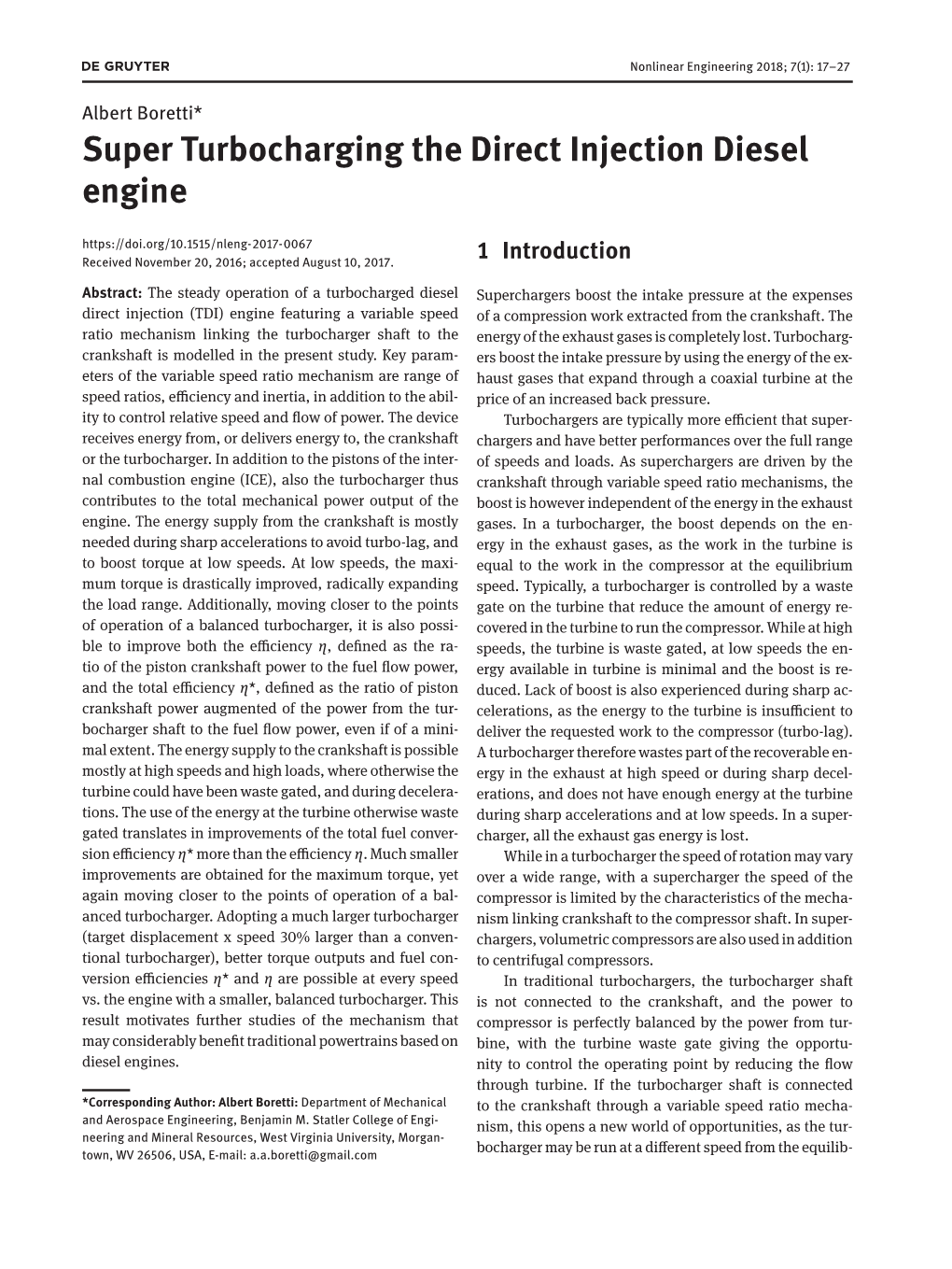 Super Turbocharging the Direct Injection Diesel Engine Received November 20, 2016; Accepted August 10, 2017